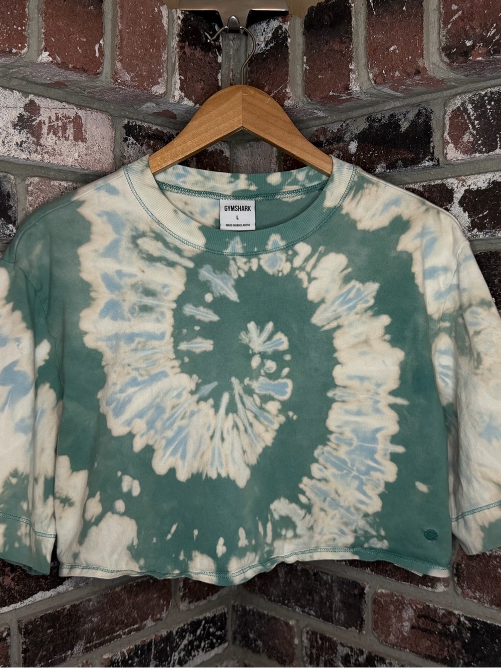 Gymshark Boxy Gym Custom Bleach Spiral Tie-Dye Cropped Tee- Seafoam Green/Cream - Picture 3 of 9